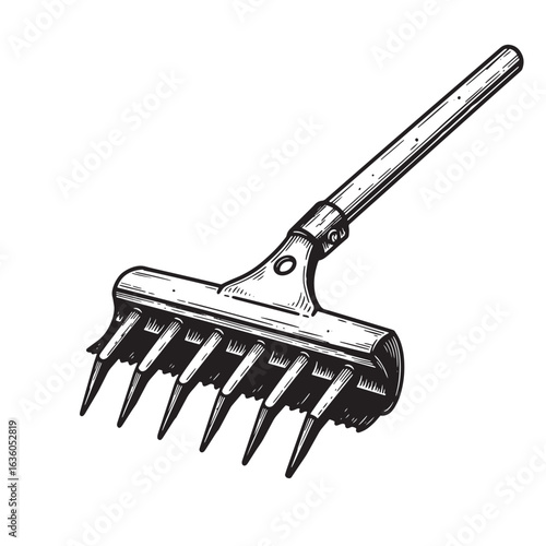 Detailed black and white illustration of a vintage garden hand rake tool