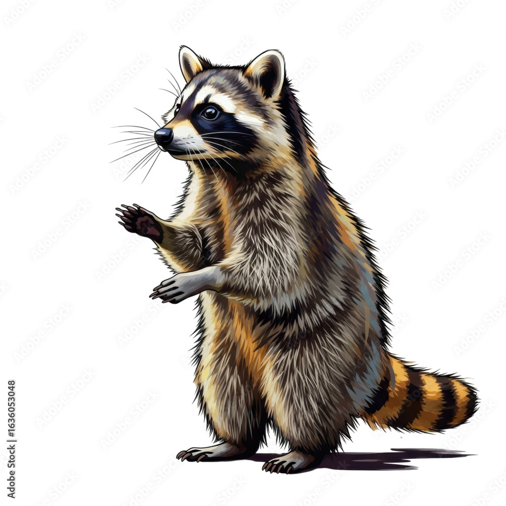 Obraz premium Illustrated standing raccoon with raised paw on transparent background