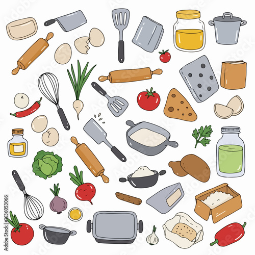 Hand-Drawn Kitchen Utensils, Fresh Produce, and Cooking Ingredients Collection