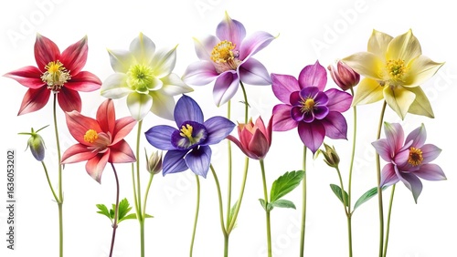Delicate columbine flowers in a variety of colors arranged on a white background