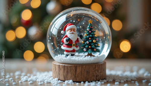Santa Claus and Christmas Tree Inside a Snow Globe with Festive Lights