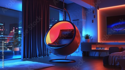 hanging pod chair with ambient lighting in modern home