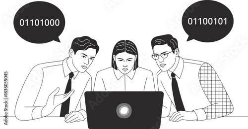 Business team, binary code, coding meeting, IT collaboration, software development, digital teamwork, computer programming, brainstorming tech ideas, flat vector illustration