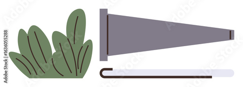 Classic telescope with conical shape and tripod near lush green leaves. Ideal for exploration, discovery, adventure, curiosity, astronomy, learning, imagination, simple flat metaphor