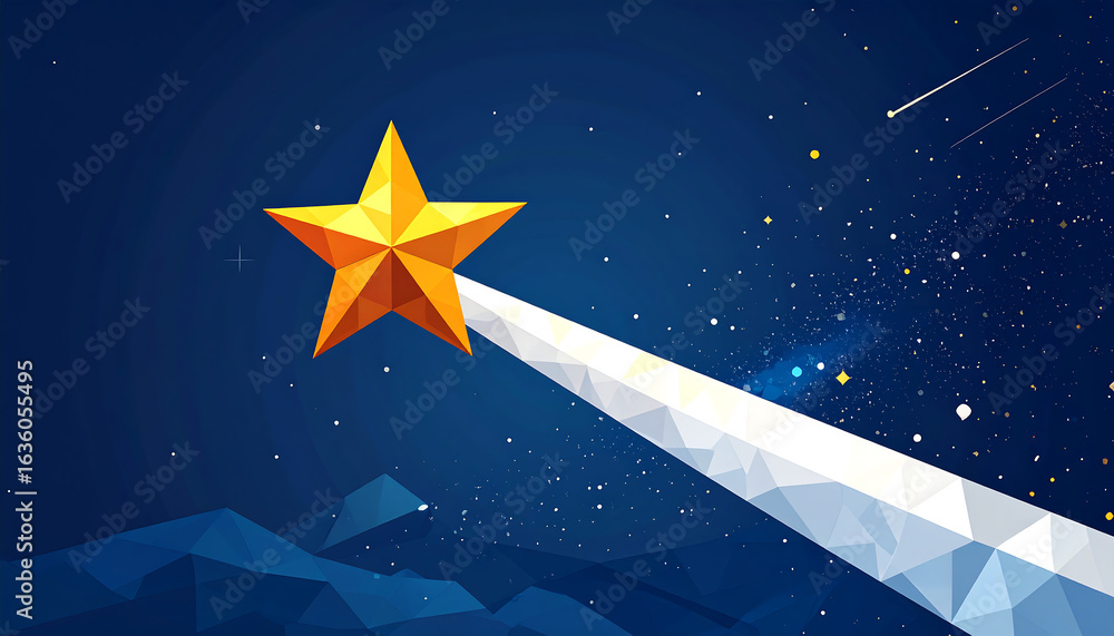 Obraz premium A brilliant golden star ascends into the night, leaving a faceted white trail across a starry blue sky.