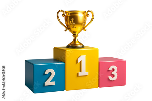 3D Render of a Gold Trophy on a Colorful Award Podium