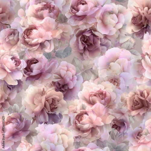 Pastel Peony Flowers Blossoming in Dreamy Floral Arrangement Pattern.