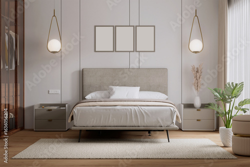 Modern minimalist bedroom with round lights on the left and right