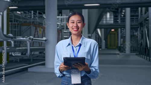 Wallpaper Mural Asian Female With Her Tablet in Distillery Interior With Large Fermentation Tanks, She Is Looking At The Camera With A Smile Torontodigital.ca