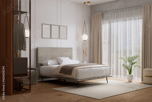 Modern minimalist bedroom with side wardrobe and wide window