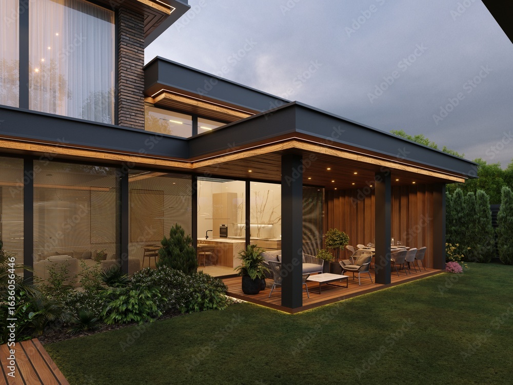 Fototapeta premium 3D visualization of a modern house with an inner courtyard