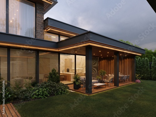 3D visualization of a modern house with an inner courtyard