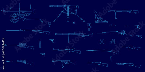 A detailed blueprint of a machine gun on a blue background highlights intricate weapon contours and mechanical components. The technical drawing showcases precise engineering details.