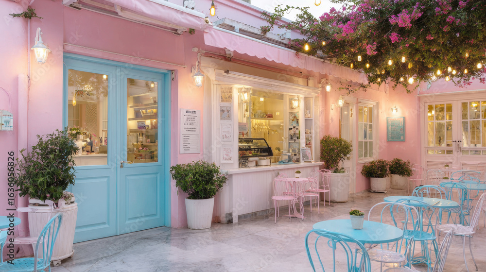 Fototapeta premium A beautiful and charming outdoor cafe or pastry shop with a pink and light blue facade. It features an outdoor seating area with small tables, lanterns, and a display window