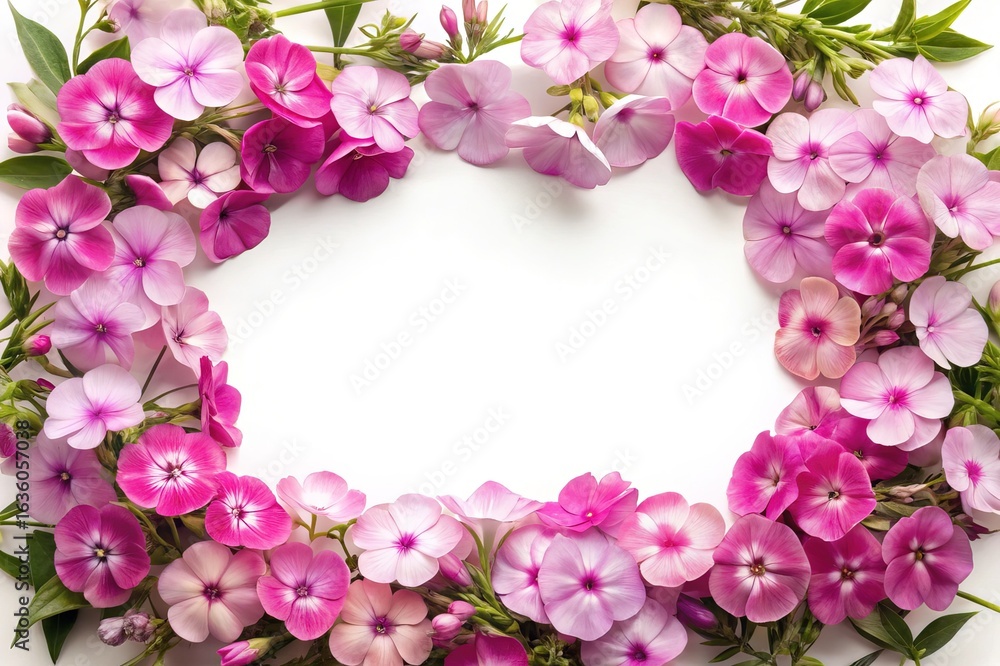 Fototapeta premium Elegant Pink and White Phlox Flower Frame on a Clean White Background