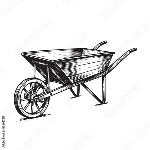 Detailed illustration of a vintage wheelbarrow in a hand drawn engraved style