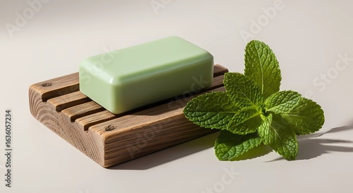 Wallpaper Mural Green Mint Soap Bar on Rustic Wooden Soap Dish With Fresh Peppermint Leaves on Neutral Background Torontodigital.ca