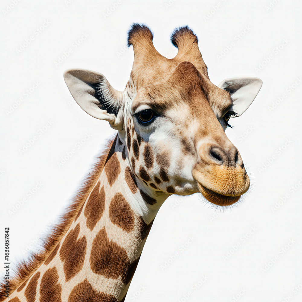 Fototapeta premium Graceful Giraffe: A close-up shot captures the serene face and iconic patterned coat of a giraffe, showcasing its unique charm and the gentle beauty of the animal kingdom.