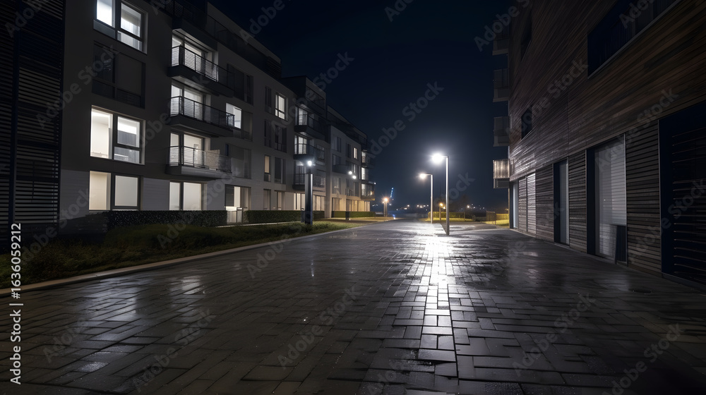 Fototapeta premium Ground-level view of city center with streetlights and clouds