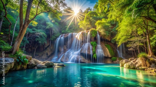 A beautiful natural waterfall cascades down mossy rocks in a lush tropical forest