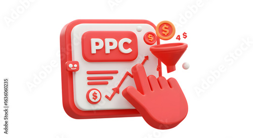 3d ppc advertising concept with hand cursor and coins isolated on transparent background