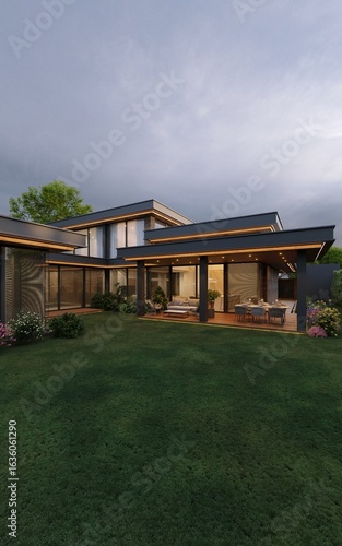 3D visualization of a modern house with an inner courtyard