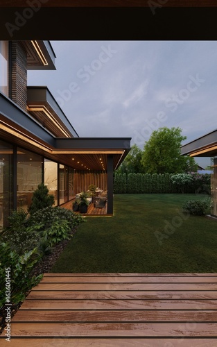 3D visualization of a modern house with an inner courtyard