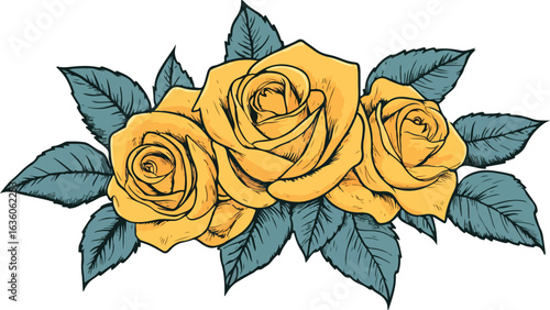 Two Yellow Roses with Teal Leaves