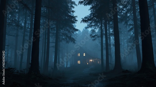 Mysterious distant house with dim warm lights surrounded by dark trees in a foggy forest at night, eerie and cinematic atmosphere, perfect for Halloween, horror stories, or thriller design backgrounds