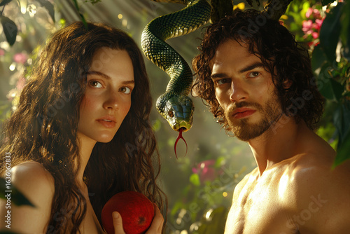 Adam and Eve approach the Tree of Knowledge in the Garden of Eden. The forbidden fruit is in the foreground, the serpent is looking at Eve