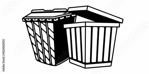 Illustration of two trash cans one closed and one open in a simple black and white line drawing style
