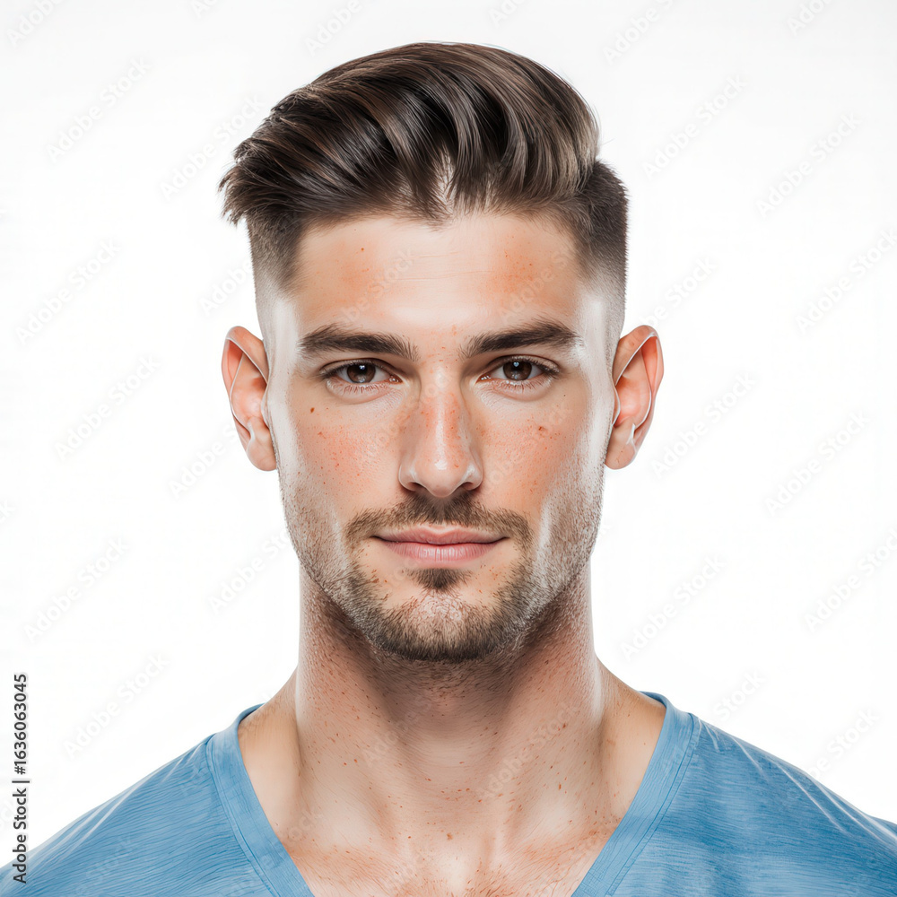 Obraz premium Handsome Man in Blue: A portrait of a handsome man, radiating confidence and charisma, the lighting highlights his features and well-groomed hair, presenting a visual feast of modern masculinity.