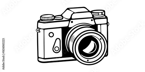 Illustration of a vintage style camera with a prominent lens and adjustment knobs on top side