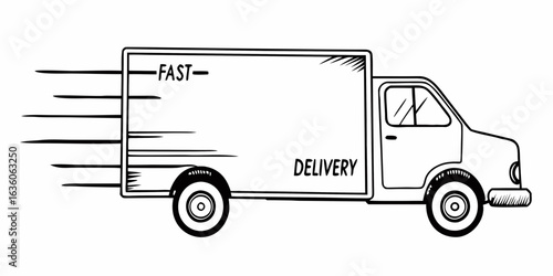 Illustration of a fast delivery truck with motion lines and delivery text on the side of the truck