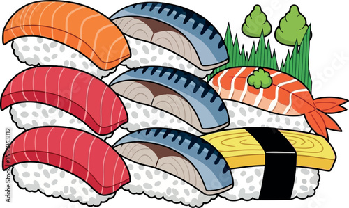 Assorted Sushi Nigiri with Salmon Tuna Mackerel Shrimp and Tamago.