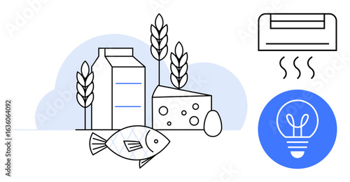 Milk carton, cheese, egg, fish, wheat stalks, cooling unit, and light bulb promoting sustainability. Ideal for agriculture, food preservation eco-friendly practices cooling systems renewable