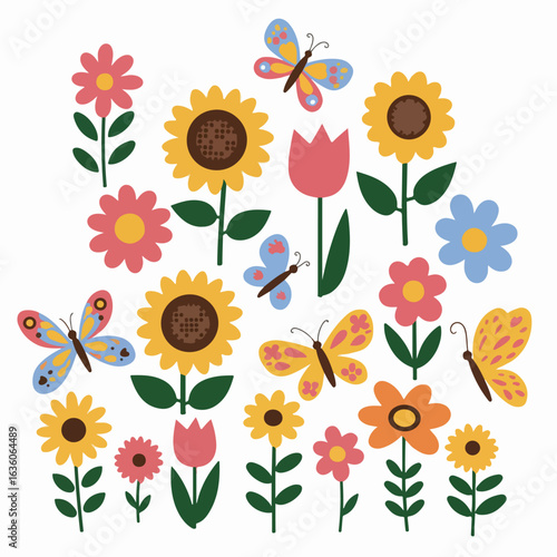 Whimsical Collection of Colorful Flowers and Butterflies in a Flat Design Style
