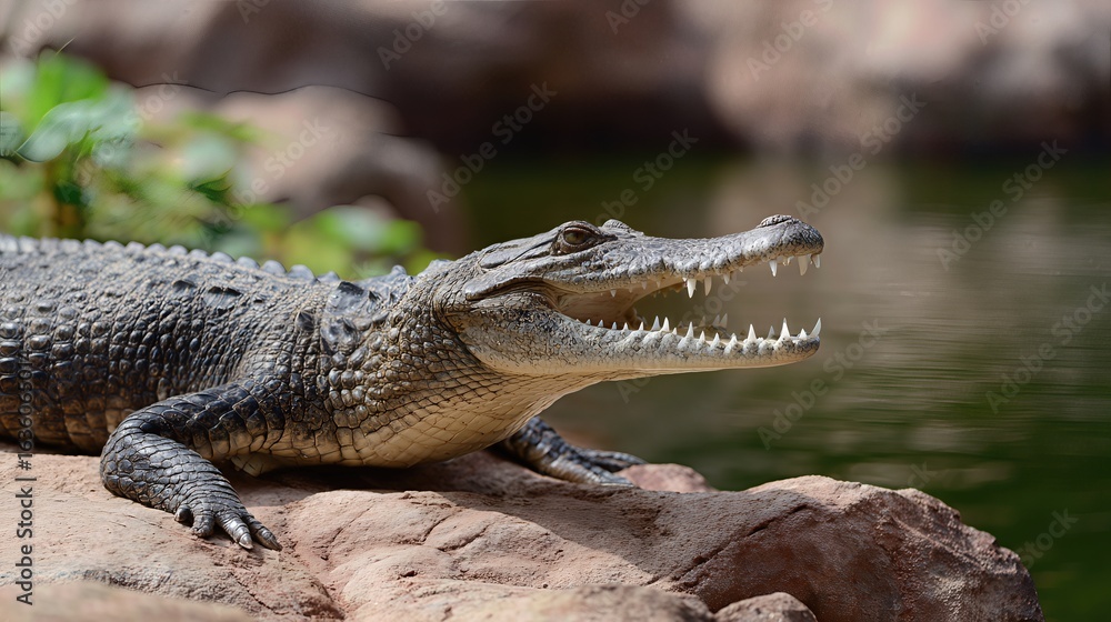 Obraz premium Angry Alligator: A formidable alligator rests on a rocky outcrop with its jaws wide open near the water's edge, displaying its sharp teeth and capturing an intense moment of wildlife.