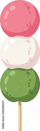 Colorful Dango Skewer Pink White and Green Mochi Balls on Stick.