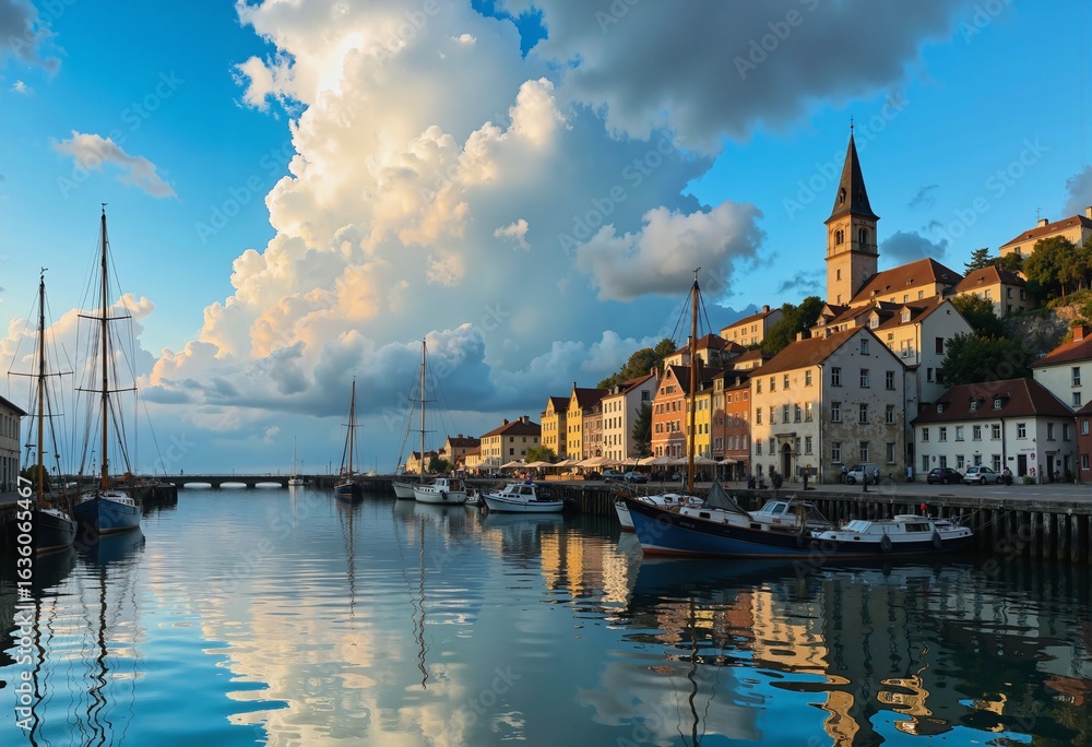 Fototapeta premium A picturesque harbor town bathed in the soft glow of early morning light, with colorful buildings lining the waterfront and boats gently moored in the calm waters below