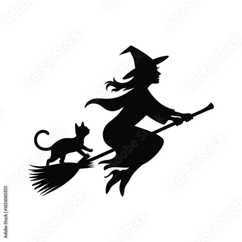 Silhouette of a witch with a cat flying on a broomstick on a white background vector illustration
