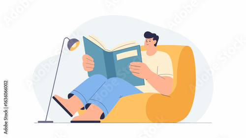 young man reading a book in a beanbag chair vector illustration