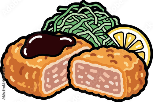 Crispy Tonkatsu Cutlet with Sauce Cabbage and Lemon Slice Illustration.