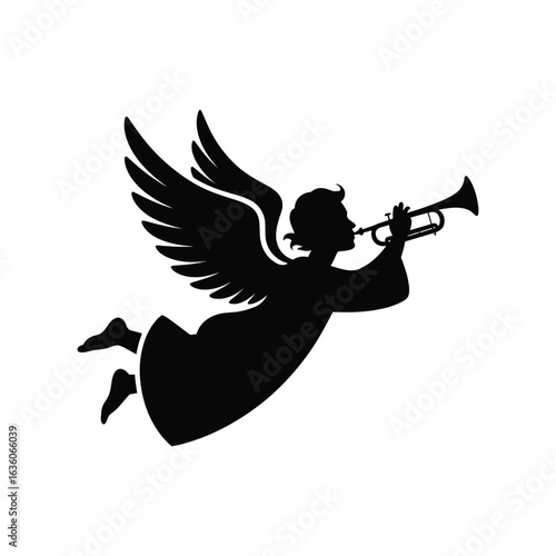 Silhouette of an angel with wings playing a trumpet on a white background vector illustration