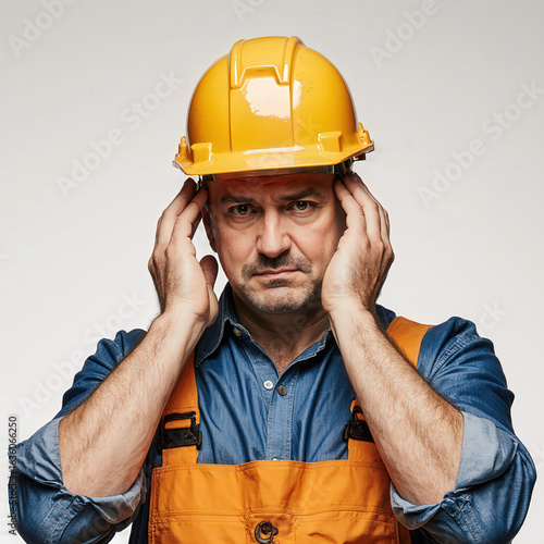 Construction Worker Frustration: A weary construction worker in a yellow hard hat, overwhelmed and frustrated, covers his ears, capturing the essence of occupational stress.