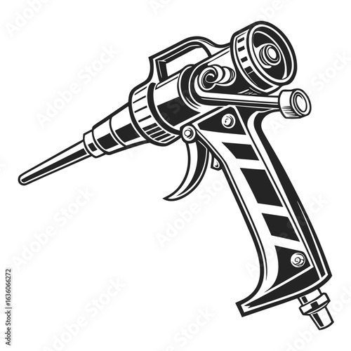 Monochrome Illustration of a Professional Foam Insulation Gun with Ergonomic Handle and Nozzle for Construction and Home Improvement