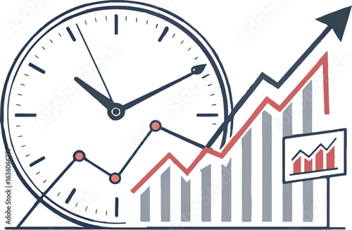 Hand drawn clock face combined with a rising bar graph and line chart indicating financial growth and time management isolated on transparent background