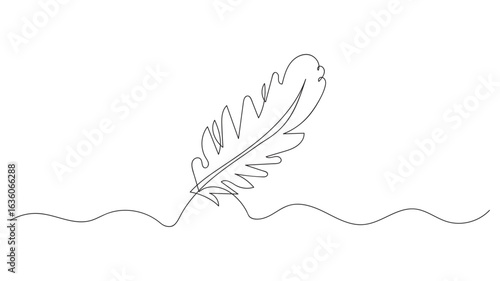 Single Line Drawing of a Feather on Wavy Line quill
