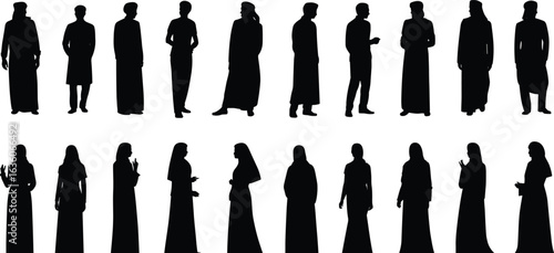 Silhouettes of arab people, traditional muslim dress, men and women standing, cultural outfit, islamic clothing, vector illustration, flat design