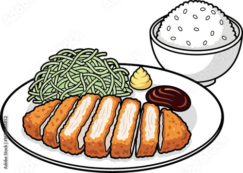 Delicious Japanese Tonkatsu Meal with Rice Cabbage and Sauce Isolated.